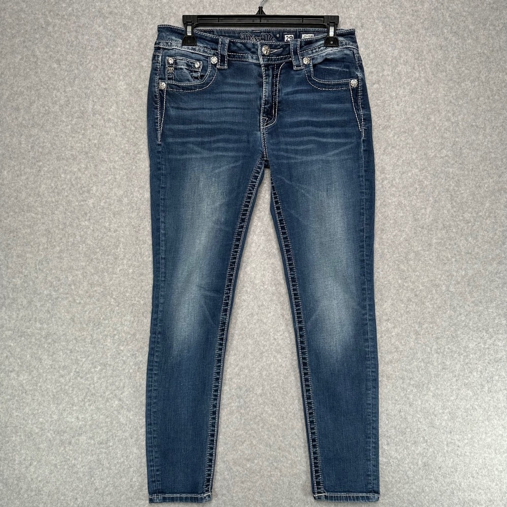 Miss Me Mid-Rise Skinny Jeans Blue Embellished Flap Pocket 29 ME7357S2R